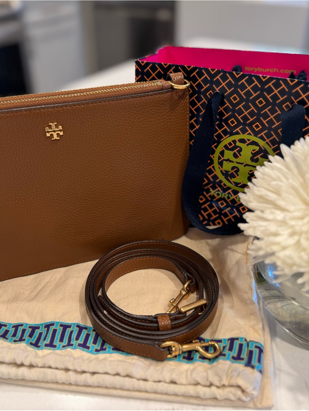 Tory Burch Brown Pebbled Leather Crossbody with Gold Logo